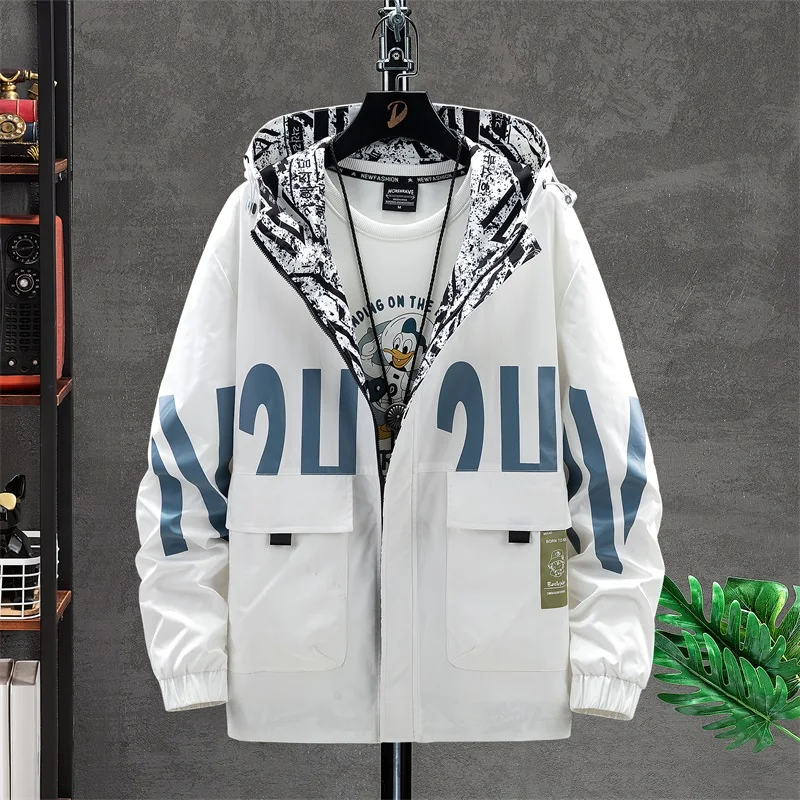 

2022Men's Spring and Autumn Korean Style Sports Loose Casual Simple Hooded Pu Handsome Student Letters Jacket Jacket