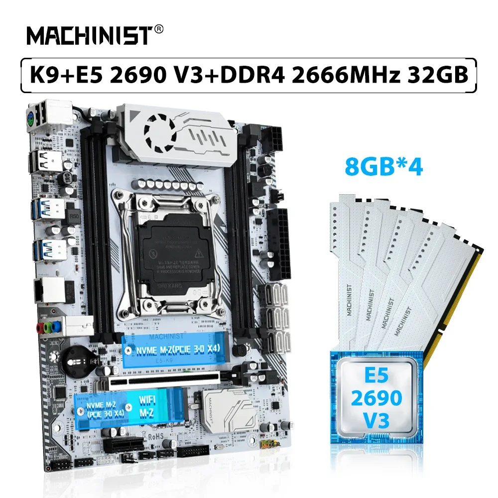 

MACHINIST X99 K9 комплект материнской платы LGA 2011-3 Kit Xeon E5 2690 V3 процессор 32 ГБ = 4 шт. * 8 ГБ 2666 МГц DDR4 ОЗУ память NVME M.2 SSD