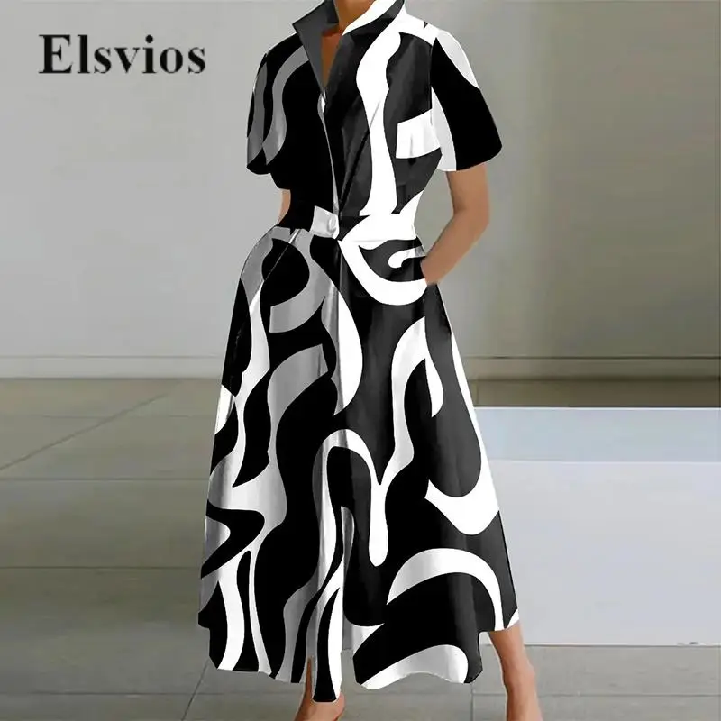 

Женское платье-рубашка с геометрическим принтом в горошек, длинное облегающее платье с коротким рукавом, элегантное плиссированное платье с воротником-поло