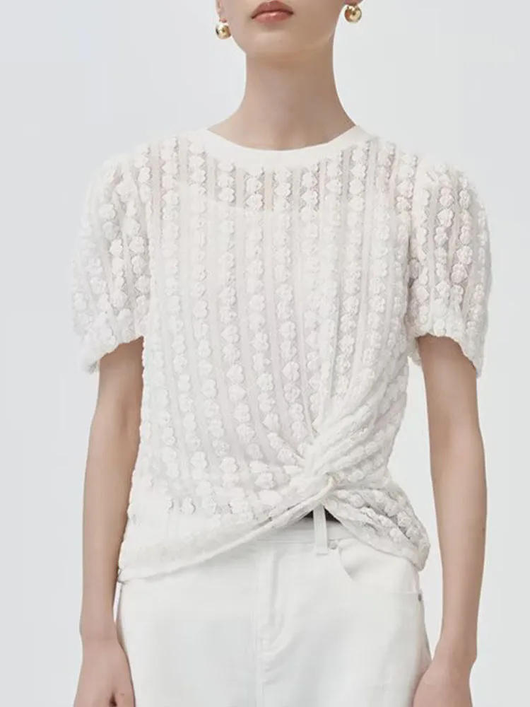 

Женская жаккардовая трикотажная футболка с кружевной талией, винтажный топ с круглым вырезом и коротким рукавом, шикарные топы, новинка 2023