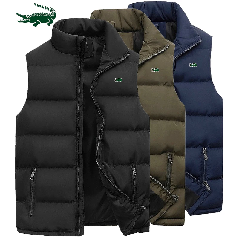 

New 2024 Mens Vest Jacket Warm Sleeveless Jackets Winter Waterproof Zipper Coat Stand-up Collar Casual Waistcoat Brand Clothing