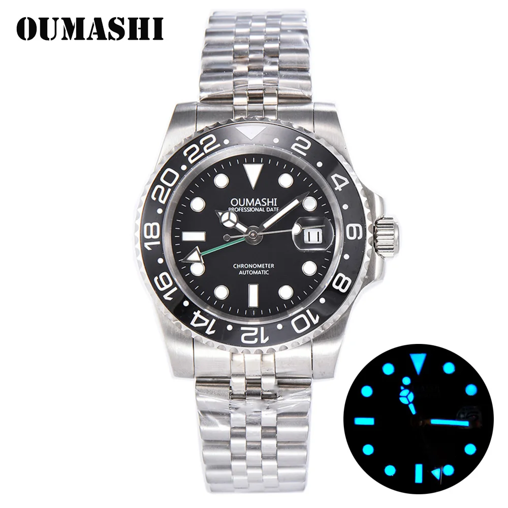 

OUMASHI GMT 40mm Luxury Men Watch Jubilee Bracelet Bidirectional Ceramic Bezel Sapphire Cyclops Waterproof Luminous