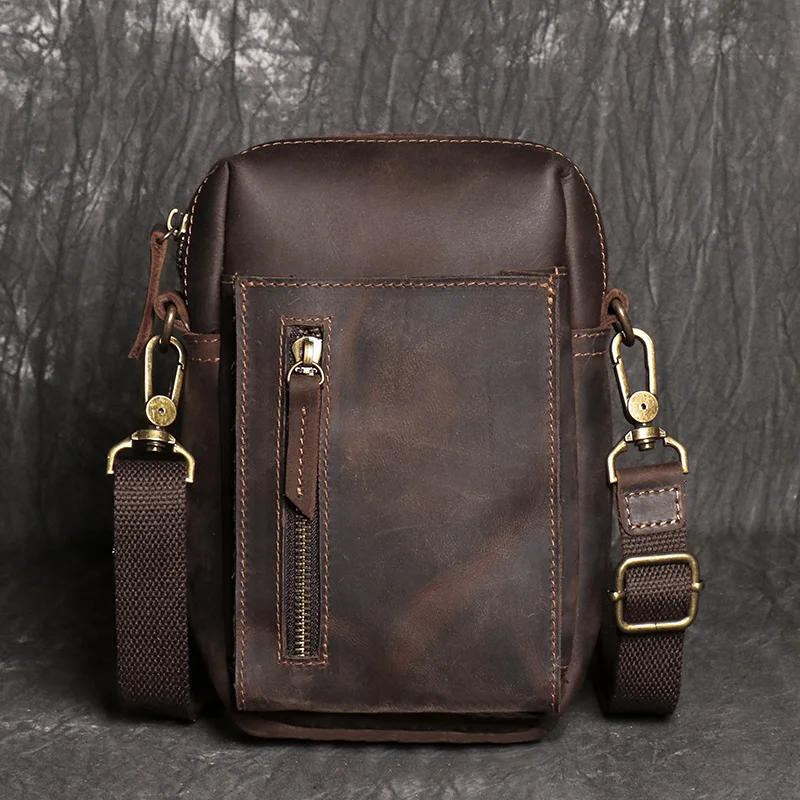 

Винтажная сумка через плечо из воловьей кожи, мужская сумка-слинг из воловьей кожи первого слоя, маленькая сумка для телефона на молнии