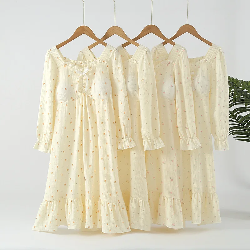 

Женская хлопковая ночная рубашка с длинным рукавом и цветочным принтом