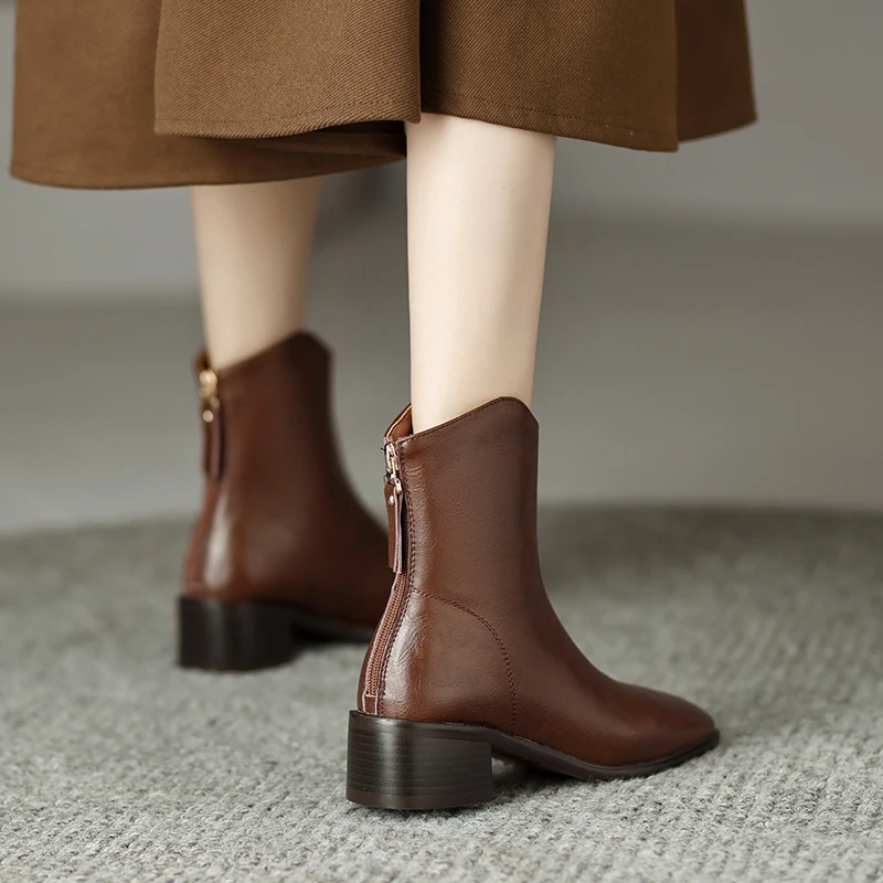 MythLuo Pumps Ankle Boots For Women Chunky Heels Boots Cow Leather Square Toe Mid Heels Office Ladies Casual Shoes Retro