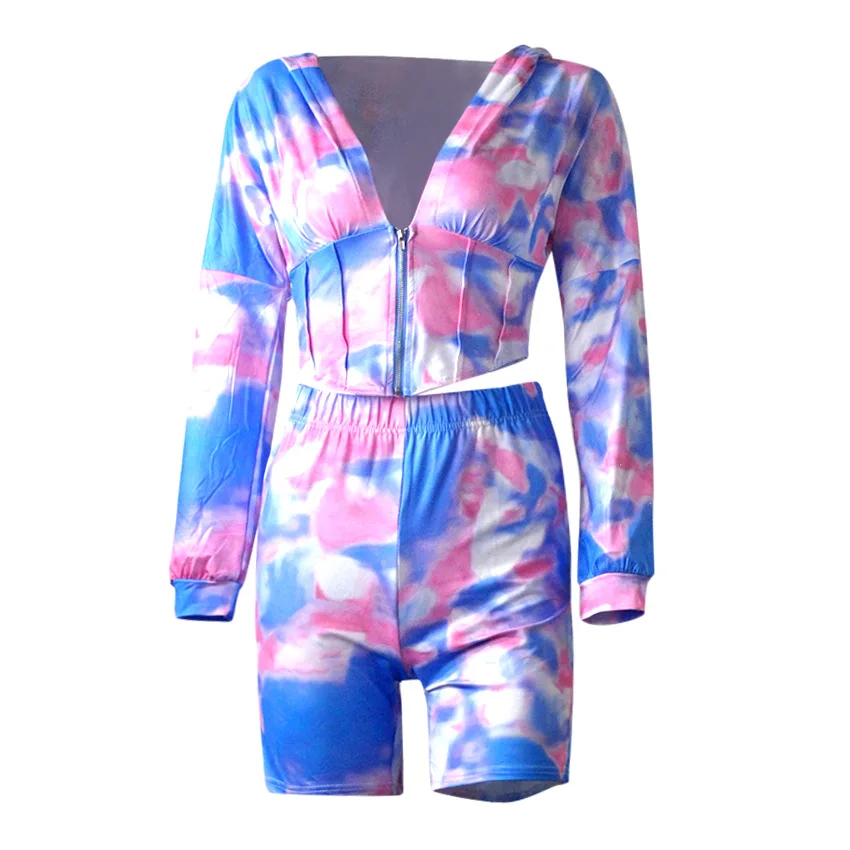 

Tie Dye Print Women Two Pieces Sets Summer Tracksuits Tops+Shorts Leggings Suit Hooded Fitness Night Outfits 2 Pcs L