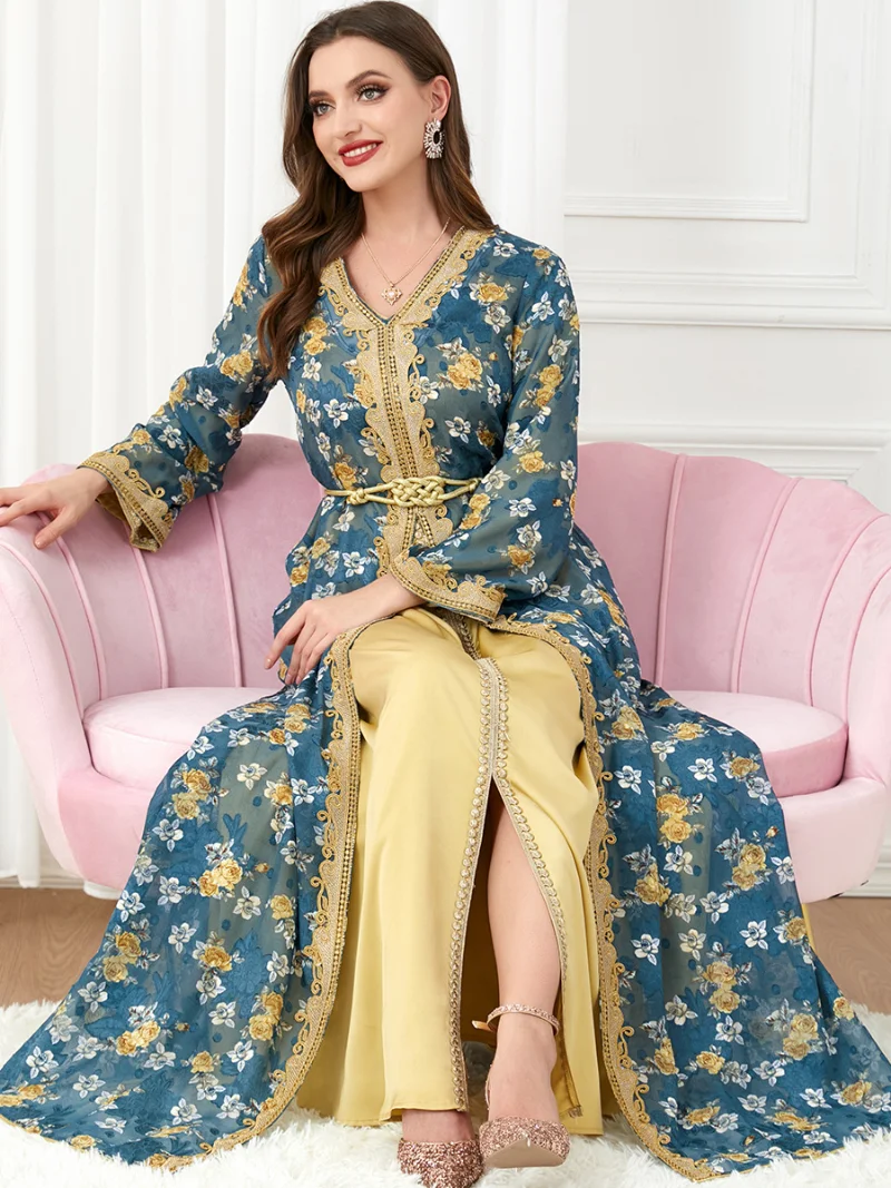 Eid Dress For Woman Muslim Sets Floral Guipure Lace Panel Belted 2pcs Dress Kaftan Dubai Luxury The Charm Of Ramadan in 2023