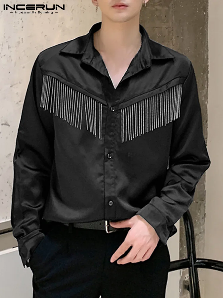 

INCERUN Tops 2022 Korean Style New Men's Solid All-match Blouse Fashion Casual Male Silky Satin Fringe Long Sleeve Shirts S-5XL