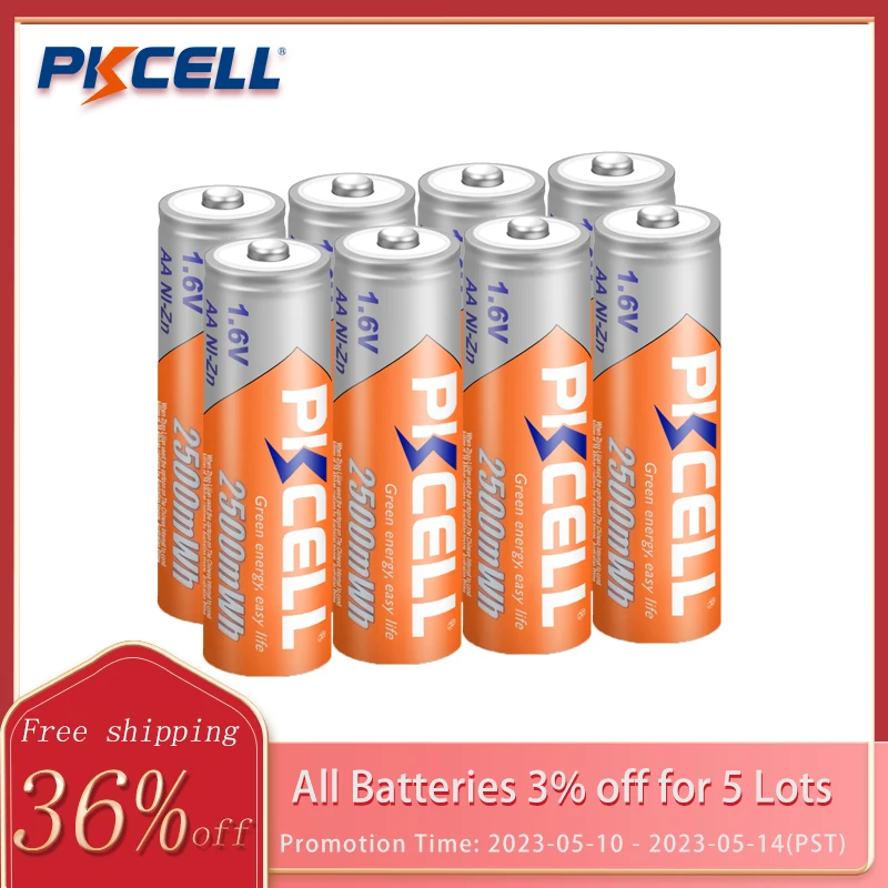 

8pcs/lot PKCELL AA Battery Ni-Zn 1.6V 2500mWh Nickel-Zinc AA Rechargeable Battery Batteries Baterias For Flashlight toy camera