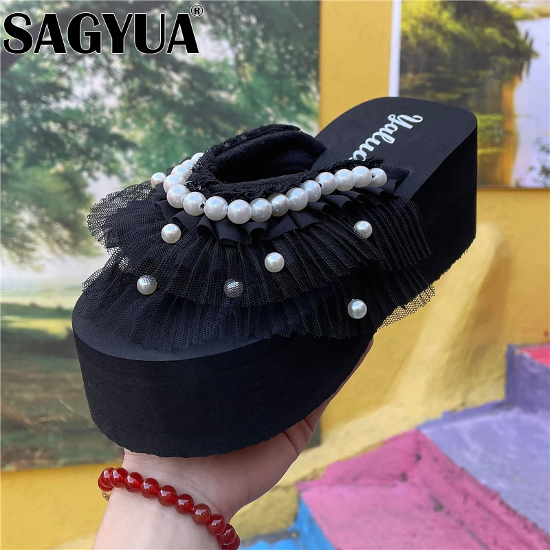 

Шлепанцы женские на платформе, сетчатые сандалии с ремешком на пятке, шлепанцы с жемчужинами, на плоской подошве, пляжные шлепанцы под плать...