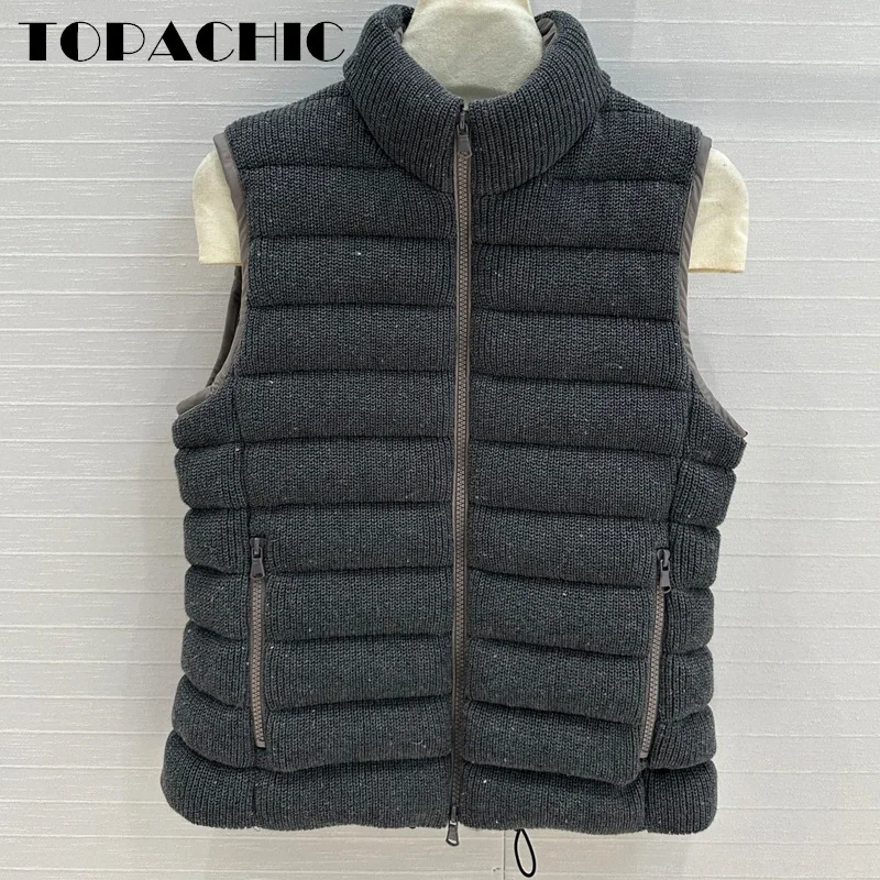 11 3 TOPACHIC-Женский вязаный жилет с блестками и воротником-стойкой на гусином пуху