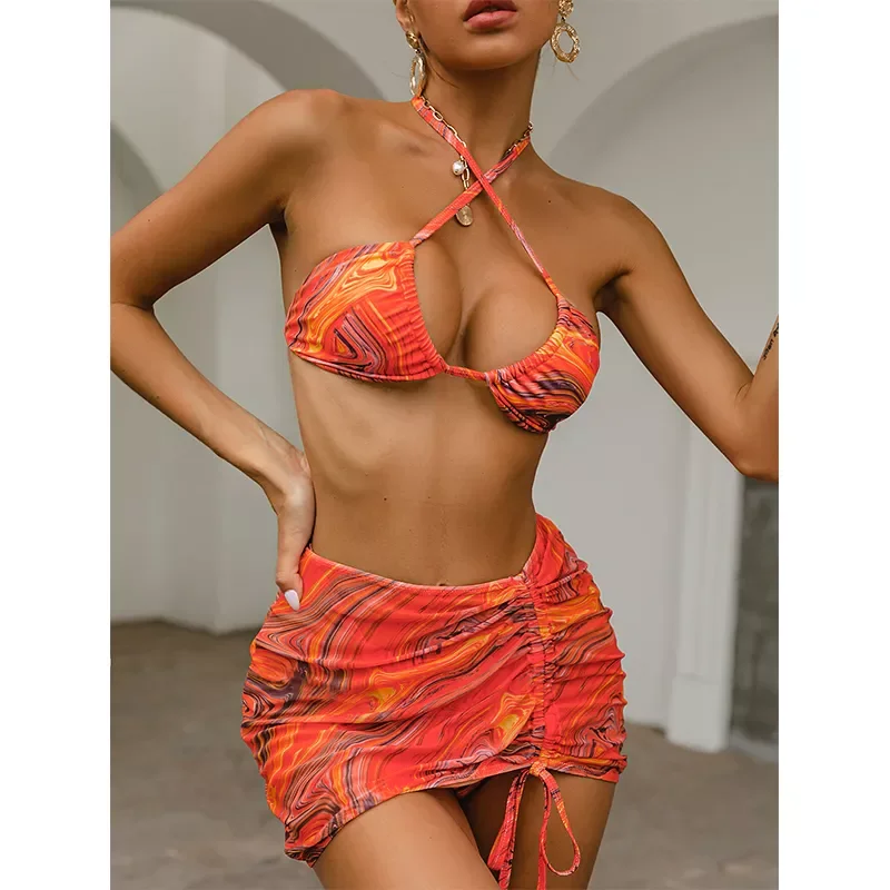 

Mossha 3 pieces mesh skirt swimsuit women Halter micro bikini 2021 High waist swimwear Sexy print beachwear Bathing suit Biquini