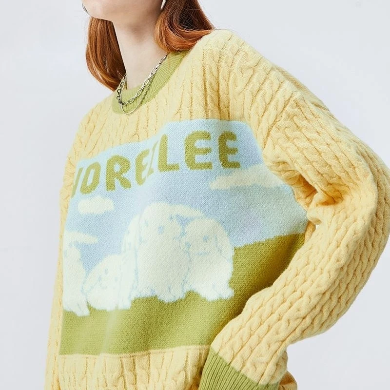 

Yasuk Autumn Winter Casual Pullover Sweater College Style Women Sweet Soft Knitted Print Rabbit Couple's Clothing