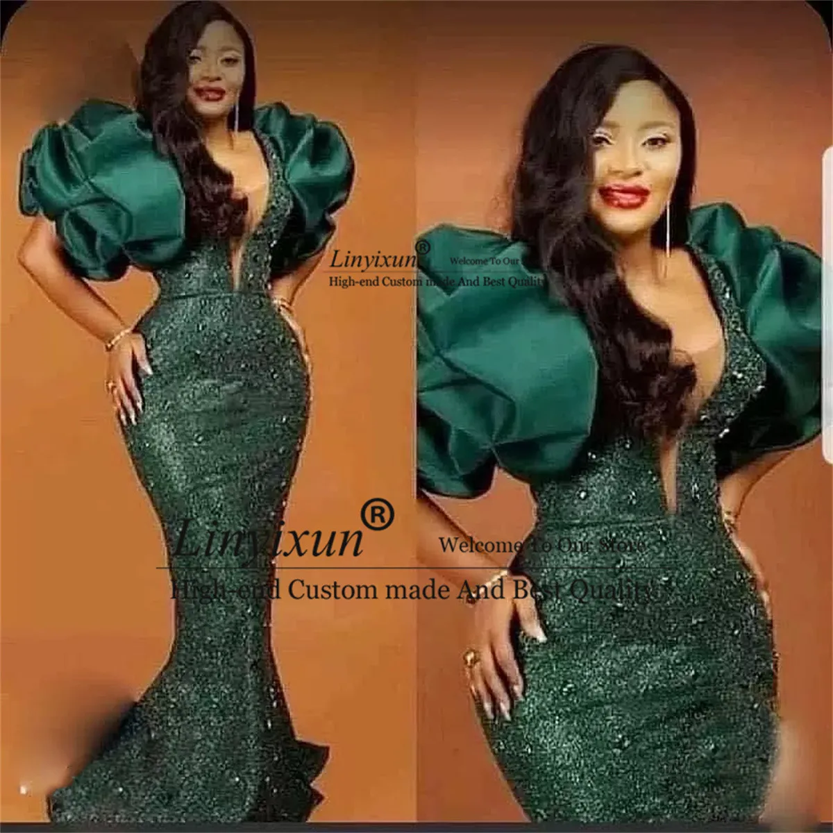 

Aso Ebi Dark Green Prom Dresses With Pruffy Sleeves Beads Sequined Mermaid Evening Party Gowns Sexy Court Train Robe De Soiree