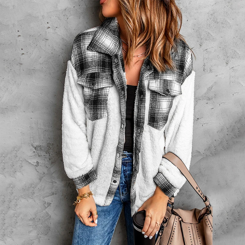 

Fleecy Plaid Jacket Women's Loose All-match Lapel Cardigan Jacket Package Winter New
