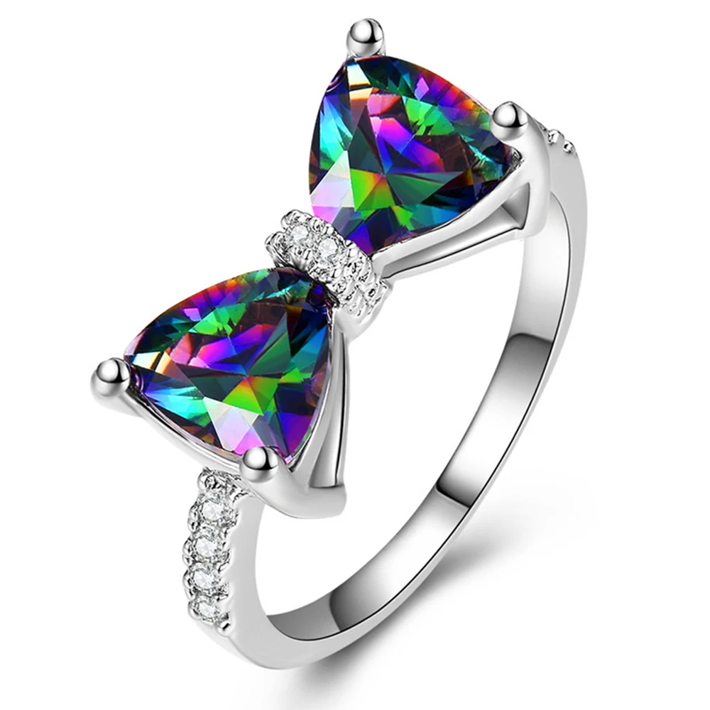 

Fashion Bow Shape Woman Rings Luxury Rainbow Cubic Zirconia Stone Ring Delicate Silver Color Female Rings for Wedding Jewelry