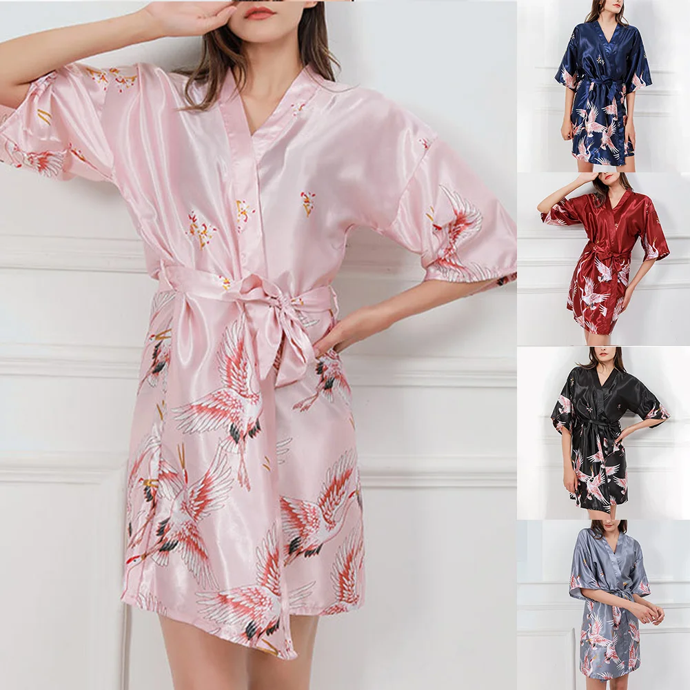 

Silk Kimono Robe Bathrobe Women Satin Silk Nightdress Lingerie Sleepwear Bridesmaid Wedding Crane Printed Sleeping Gown Robe