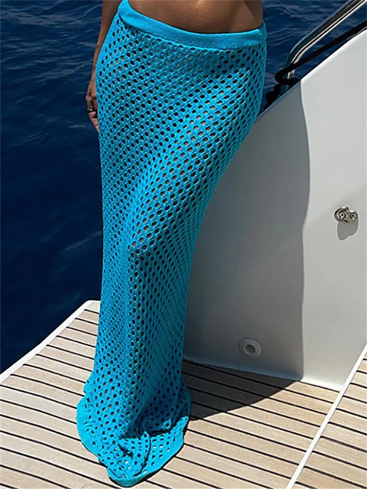 

CHRONSTYLE Sexy Hollow Out Low Waist Bodycon Pencil Skirts Beach Style Boho Knitted Long Skirts Cover-Ups Chic Women Summer 2022