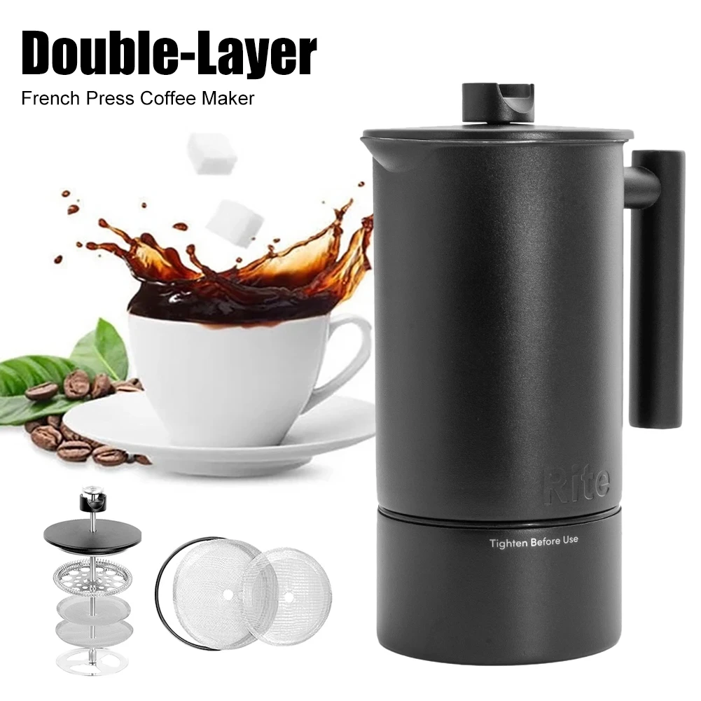 1200ML French Press Coffee Maker Stainless Steel Espresso Coffee Machine With Hourglass Thermometer Double-Layer Coffee Tea Pots