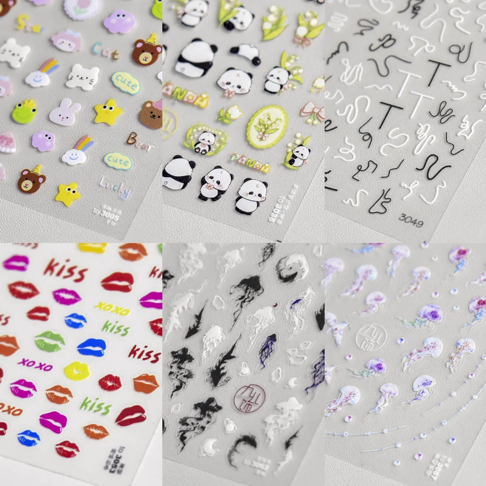 

3D Realistic Colorful Lip Print Panda Yin-yang Fish Jellyfish Line Graffiti Adhesive Nail Art Stickers Decals Manicure Ornaments