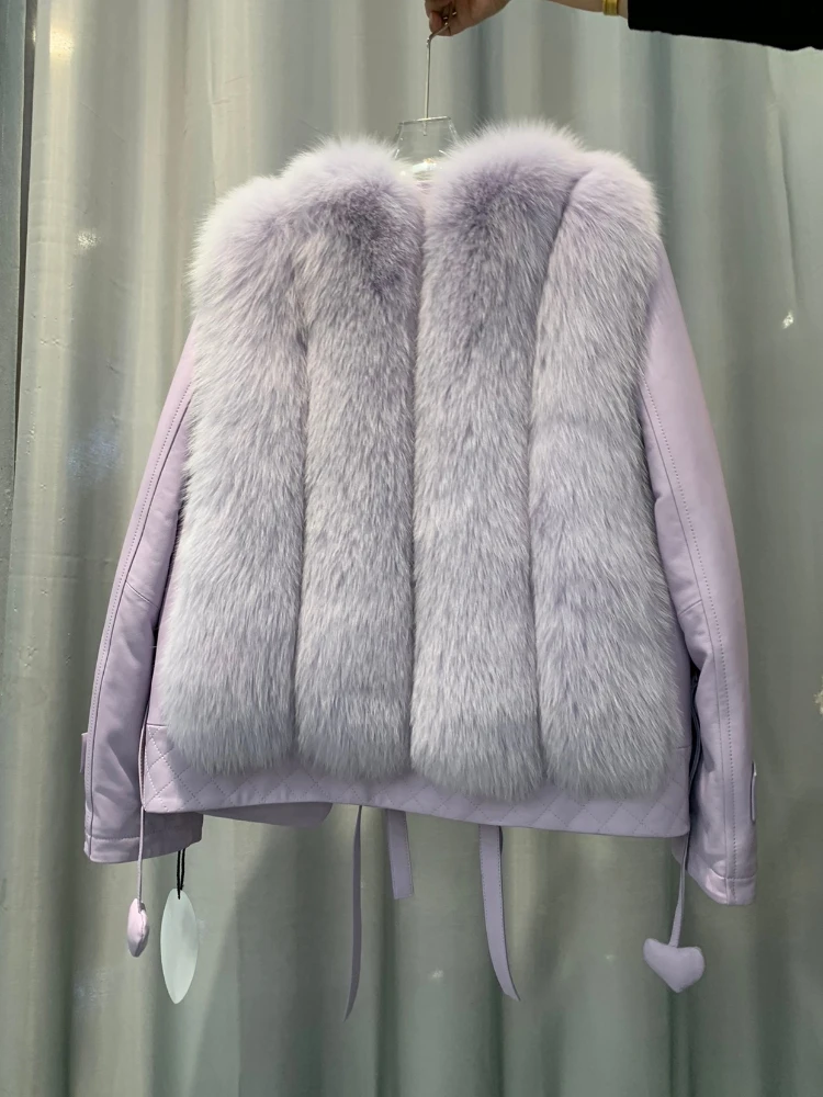 Purple Genuine Sheepskin Fox Fur Goose Down Liner Jacket Female 2022 New Suit Collar Fur Integrated Leather Coats for Winter