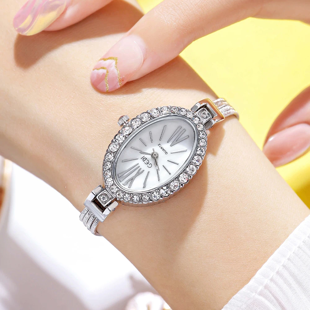 GEDI Luxury Oval Full Diamond Ladies Watches Waterproof Fashion Rose Gold Stainless Steel Bracelet Watch for Women Quartz Clock