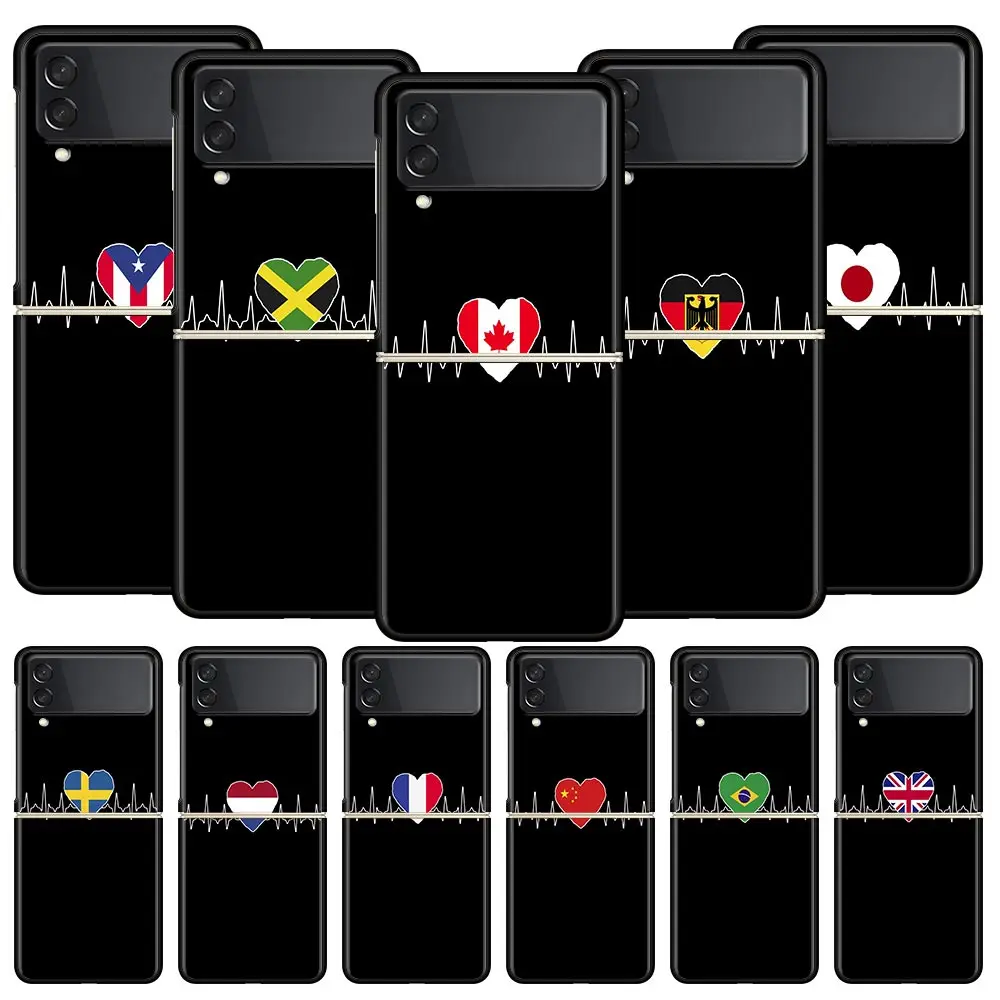 

UK Heartbeat Flag China Love Line Phone Case for Samsung Galaxy Z Flip 3 4 5G Black Folding Mobile Shell Hard PC Protect Cover