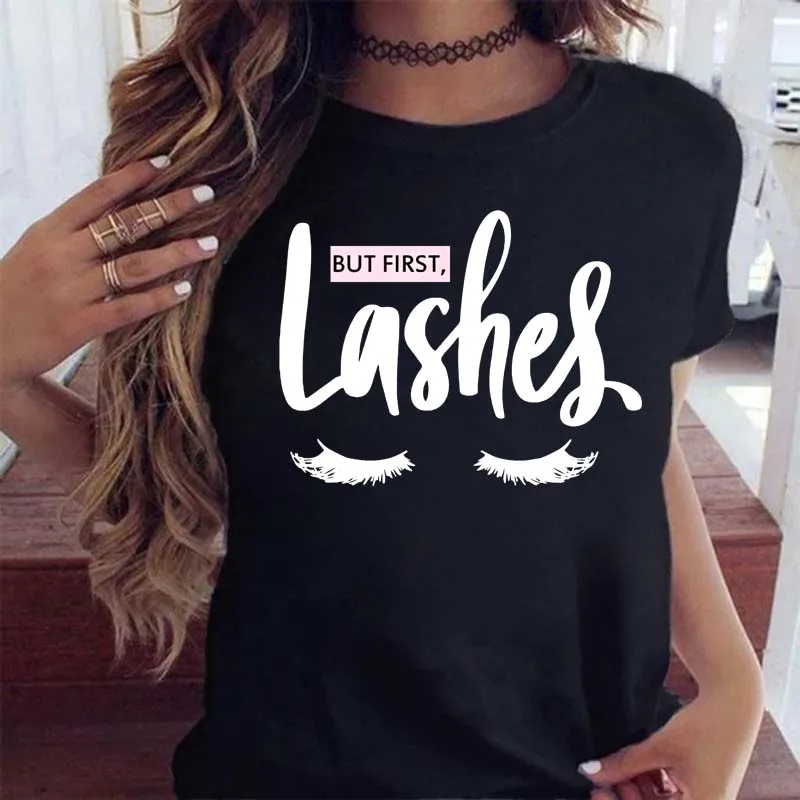 

Women T Shirt Make Up Letter Funny Black Short Sleeve T-shirts Female New Eye Eyelash Fashion Cartoon Lady Print Clothes Tops