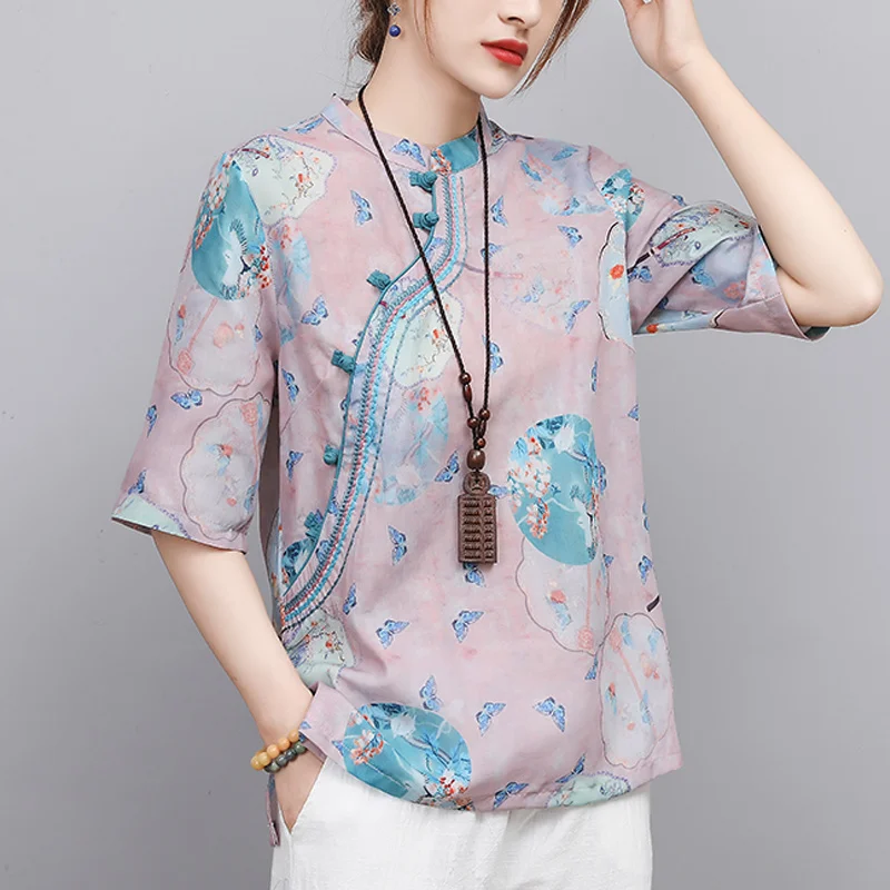 

Chinese Traditional Clothing Women Ramie Print Summer Shirt Ethnic Tang Suit Vintage Cheongsam Top Eleganti China Loose Blouse
