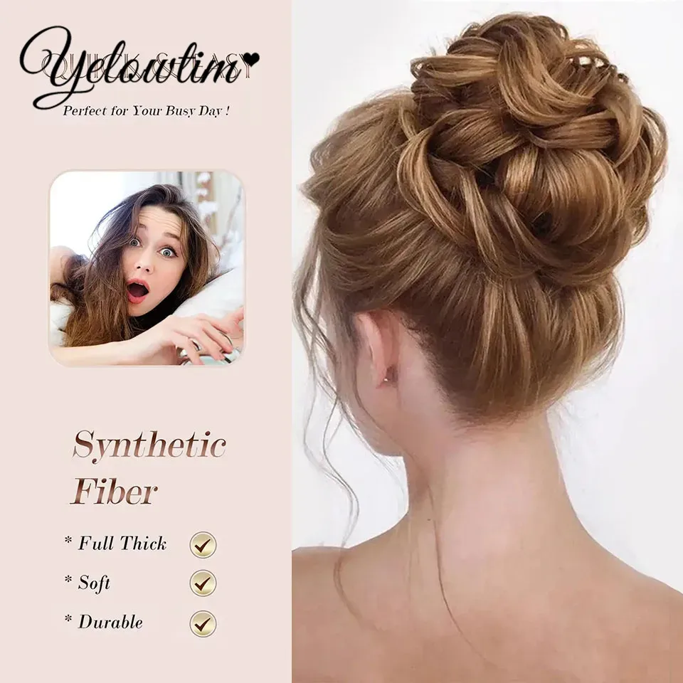 YELOW Synthetic Chignon Messy Bun Claw Clip in Hair Piece Wavy Curly Ponytail Extensions Scrunchie Hairpieces for Women