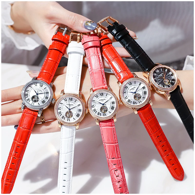Carnival Women Watch Luxury Brand Automatic Mechanical Watches Fashion Diamond Sapphire Waterproof Hollow Ladies Watch 8052L