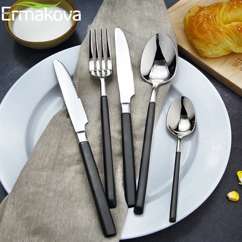 Black Handle Heavy-duty Spoon Fork Knife Tableware Cutlery S
