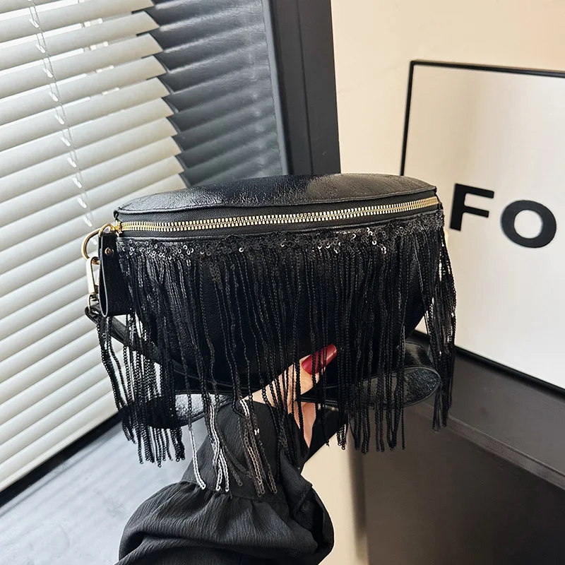 

Black Tassels Design Women Chest Bag Leather Ladies Crossbody Bags For Ladies 2023 New Female Waist Pack Fanny Packs Phone Purse