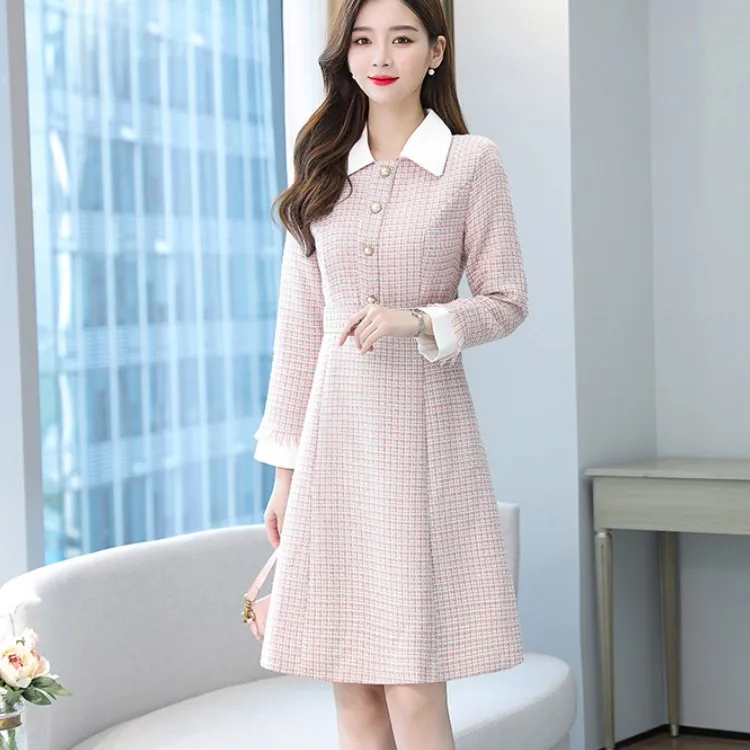 Fashion Korean Elegant Pink Plaid Tweed Dress Femme 2022 Autumn Vintage Single-Breasted Ladies Slim Waist Party Dress Vestidos