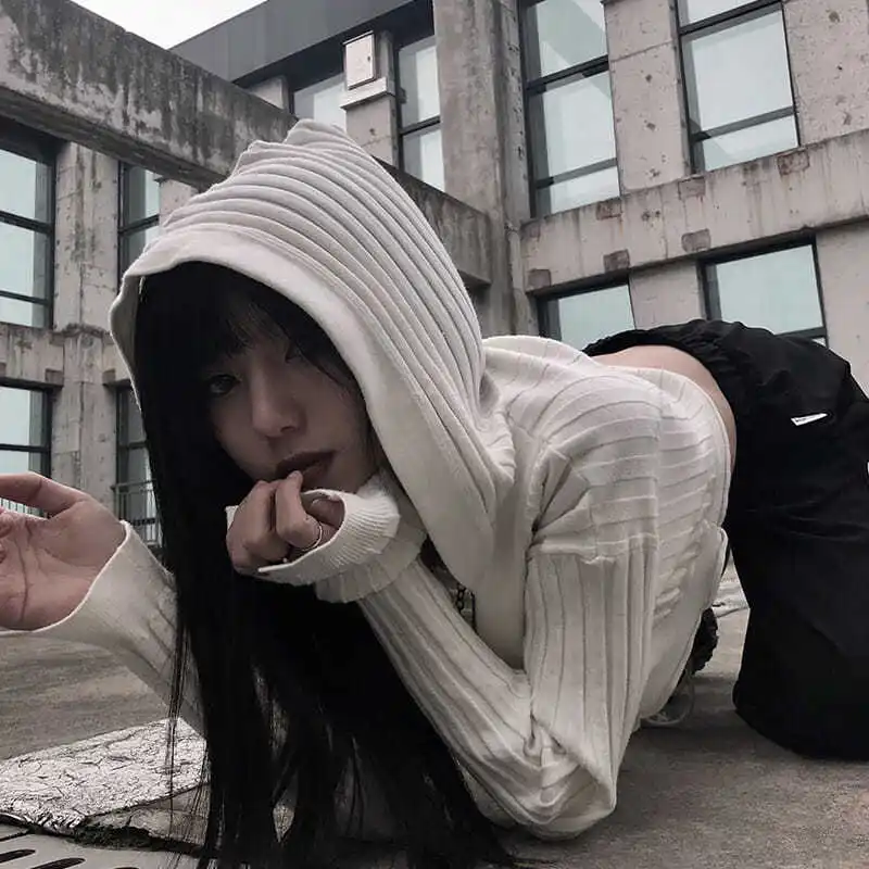 Deeptown Gothic Dark White Hoodie Women Y2K Streetwear Emo V-neck Crop Top Black Sweater Cardigan Sexy Button Hooded Sweatshirt