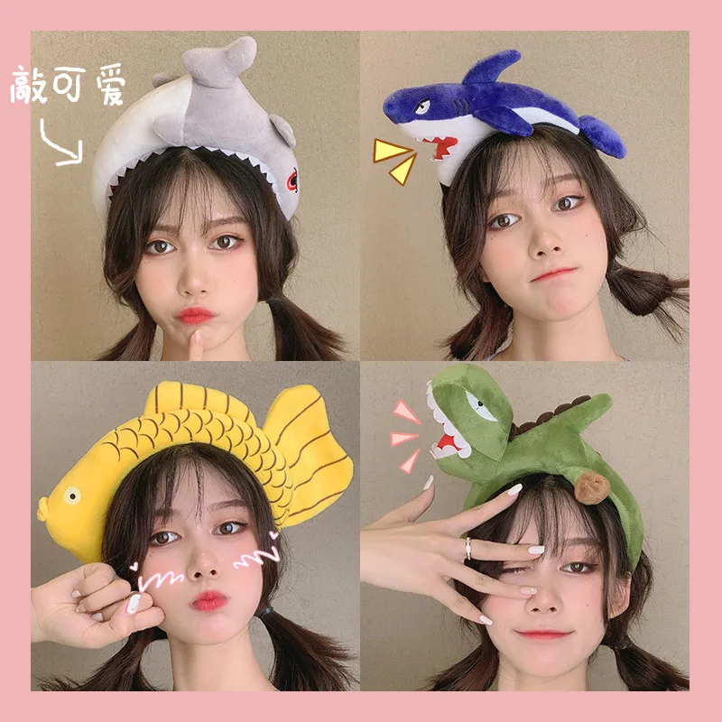 

1 Pcs Lovely Girls Headbands Plush Mahjong Cartoon Dinosaur Shark Head Wrap Wide-brimmed Oversize Hair Hoop Fashion Accessories