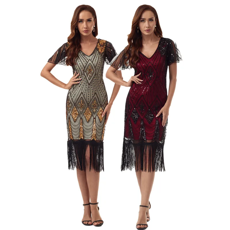 

Women Short Sleeves 1920S costume Vintage V neck Great Gatsby Party CHARLESTON COSTUME Flapper costume for women 3XL