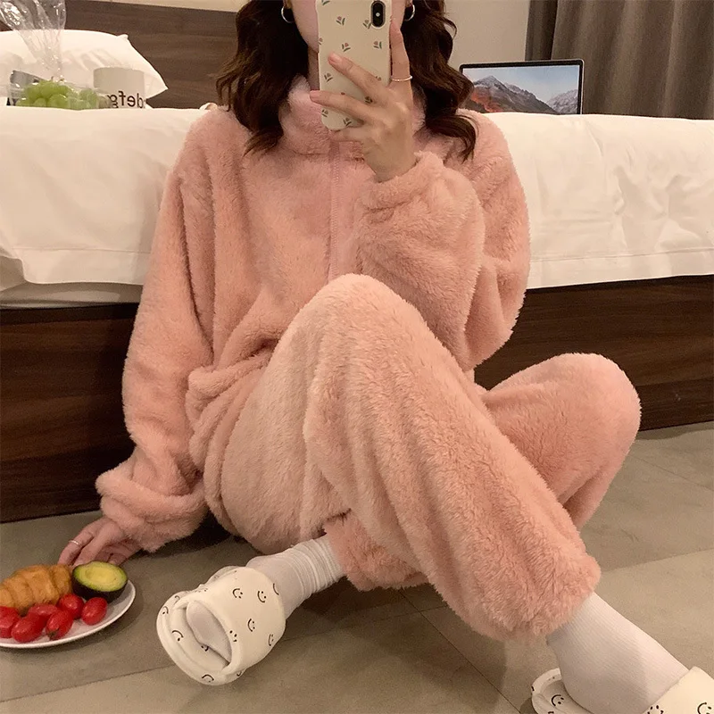 Корейские зимние пижамы для женщин плюшевый воротник-стойка утолщенная молния