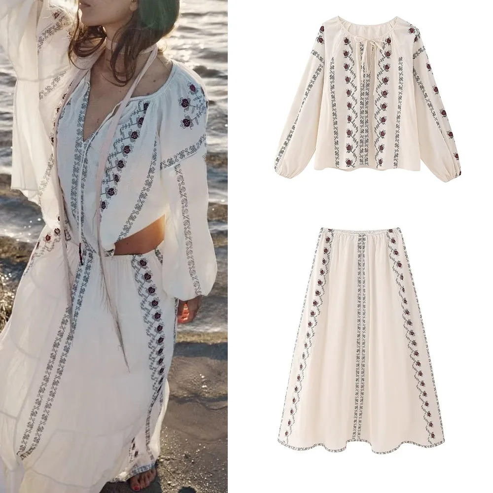 

Новая женская одежда, повседневный элегантный темпераментный модный просторный Топ для отпуска с вышивкой, длинная юбка с вышивкой
