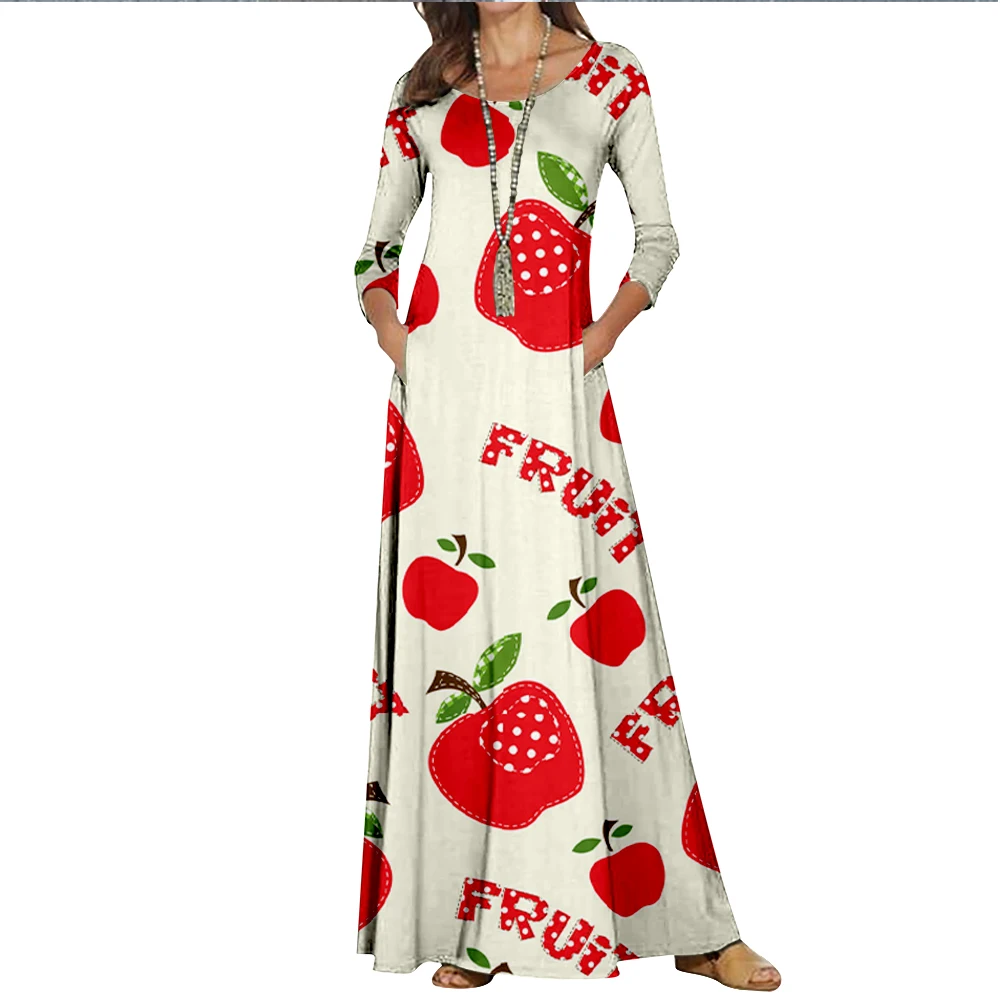 

Женское длинное платье-туника с круглым вырезом, длинным рукавом и принтом фруктов
