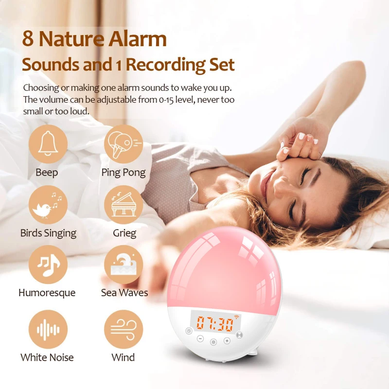 

WiFi Smart Wake Up Light Workday Clock Sunrise/ Simulation 2 Alarms Works With Alexa Home Tuya App Remote Control