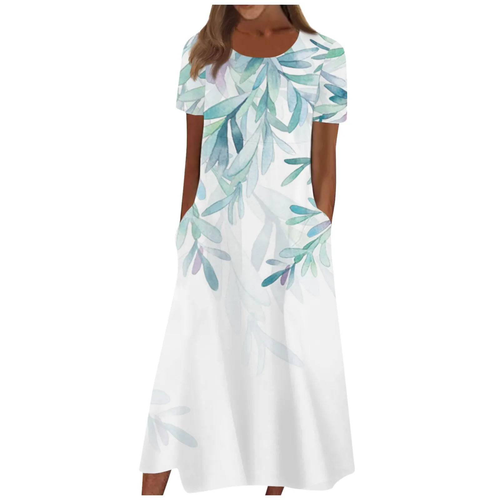 

Women'S Summer Casual Fashion Floral Print Short Sleeve Round Neck Pocket Dress Dresses For Womens Evening Dresses Long Dress