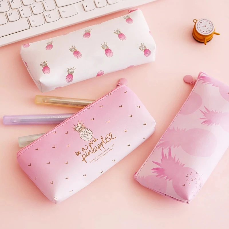 

ALLTU Creative pineapple cartoon pattern pencil bag cute triangle pu leather high-quality zipper pencil bag Q038