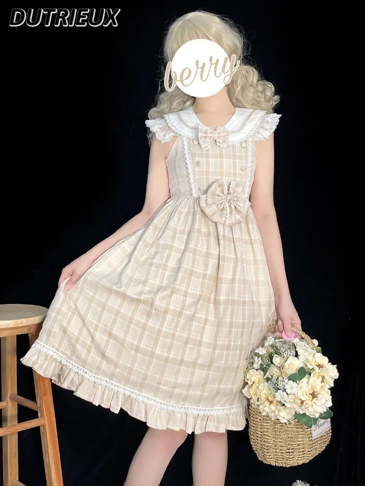 Original Lolita Preppy Style British Plaid Vest Dress Sailor Collar Spring and Summer Jsk Sleeveless Slimming Mid-length Dress