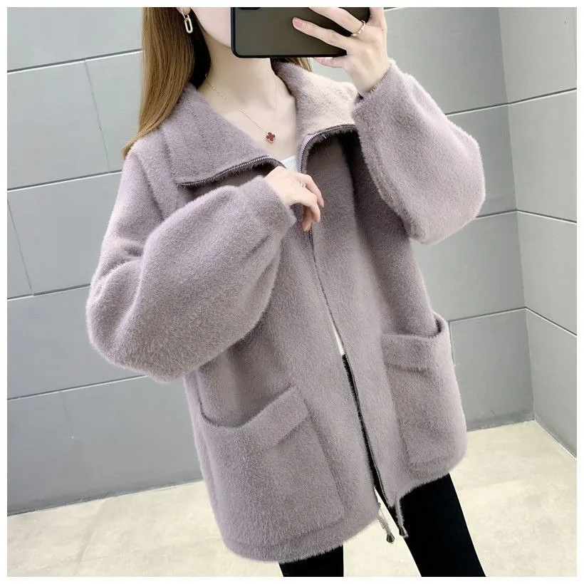 

Casual tweed coat, Autumn/Winter New Imitation Mink Fleece Large Cardigan Coat Women's Korean Version Loose Outerwear Thic2023