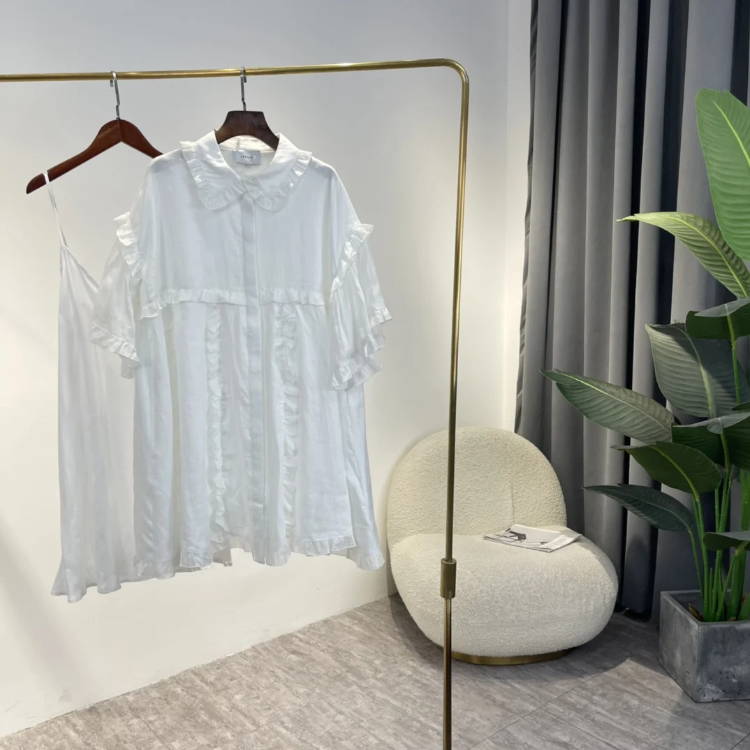 

2022 Summer High Quality Linen Sweet Ruffle Patchwork Peter Pan Collar White Pleat Mini Loose Dresses For Women
