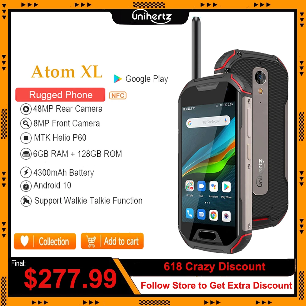Unihertz Atom L/XL Rugged Waterproof Unlocked Smartphone 6GB 128GB Android Cellphone Walkie-Talkie 8MP 48MP Dual Sim NFC Phones