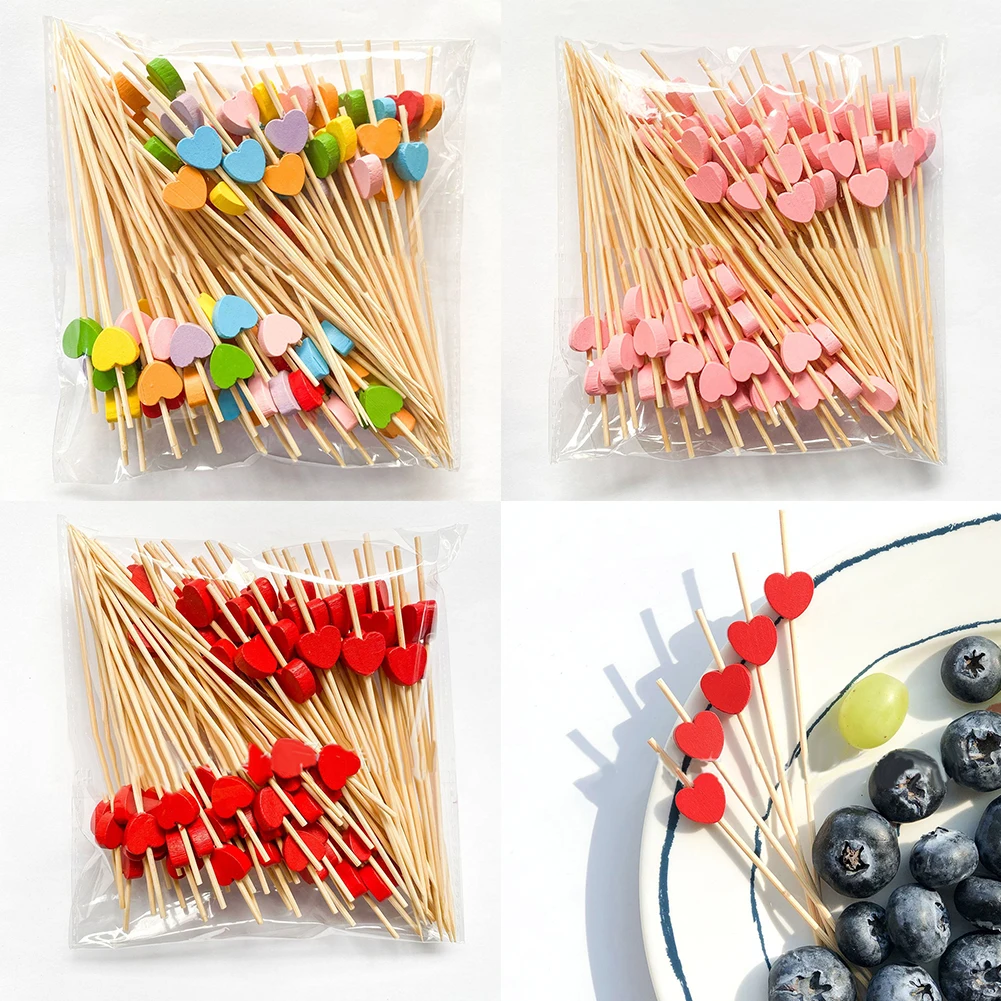 

100pc12cm Heart Flower Bamboo Pick Buffet Cupcake Fruit Toothpick Party Dessert Salad Stick Cocktail Skewer For Wedding Supplies