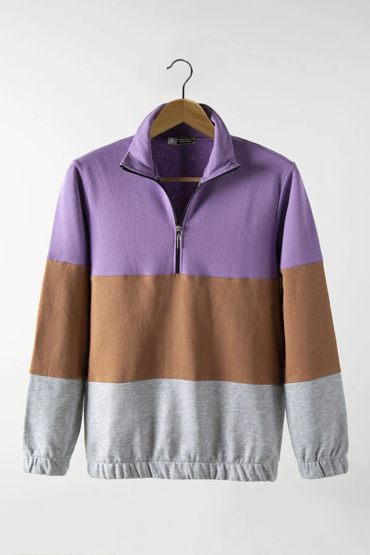 Therapy Men Unisex Three Blocky Half Zipper Casual Mould Sweatshirt 21K-5200456 Purple