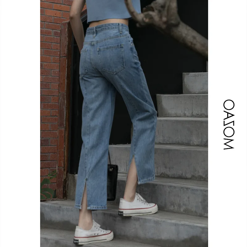 

Fall Back Slit High Waist Blue Jeans Women's Straight Loose Loose 2023 New Wide-leg Ninth Pants Summer Female New Solid Trouser